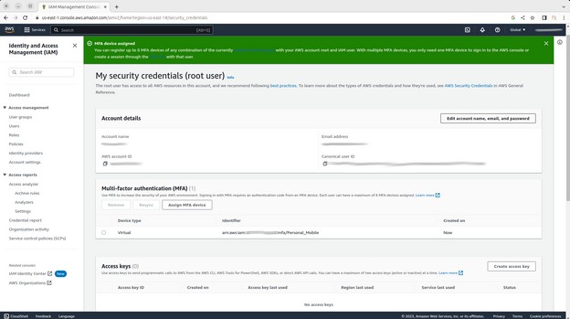 Root User Security Credentials Confirmation